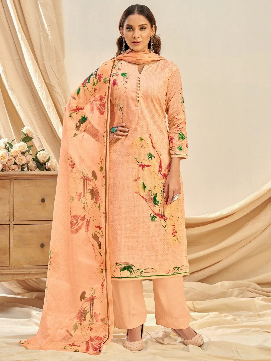 Cotton Linen Printed Light Orange Unstitched Suit With Chiffon Dupatta