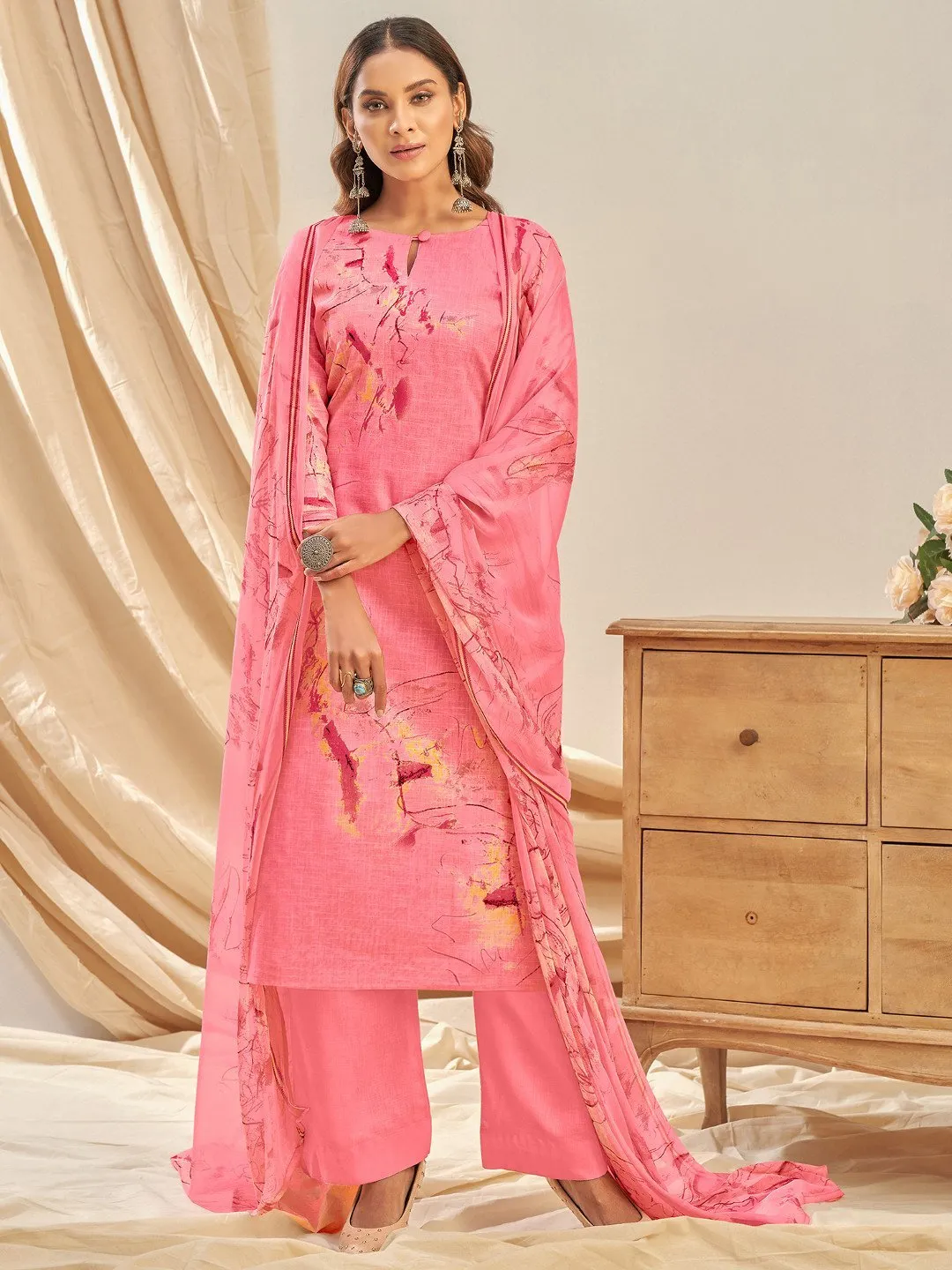 Cotton Linen Printed Pink Unstitched Suit With Chiffon Dupatta