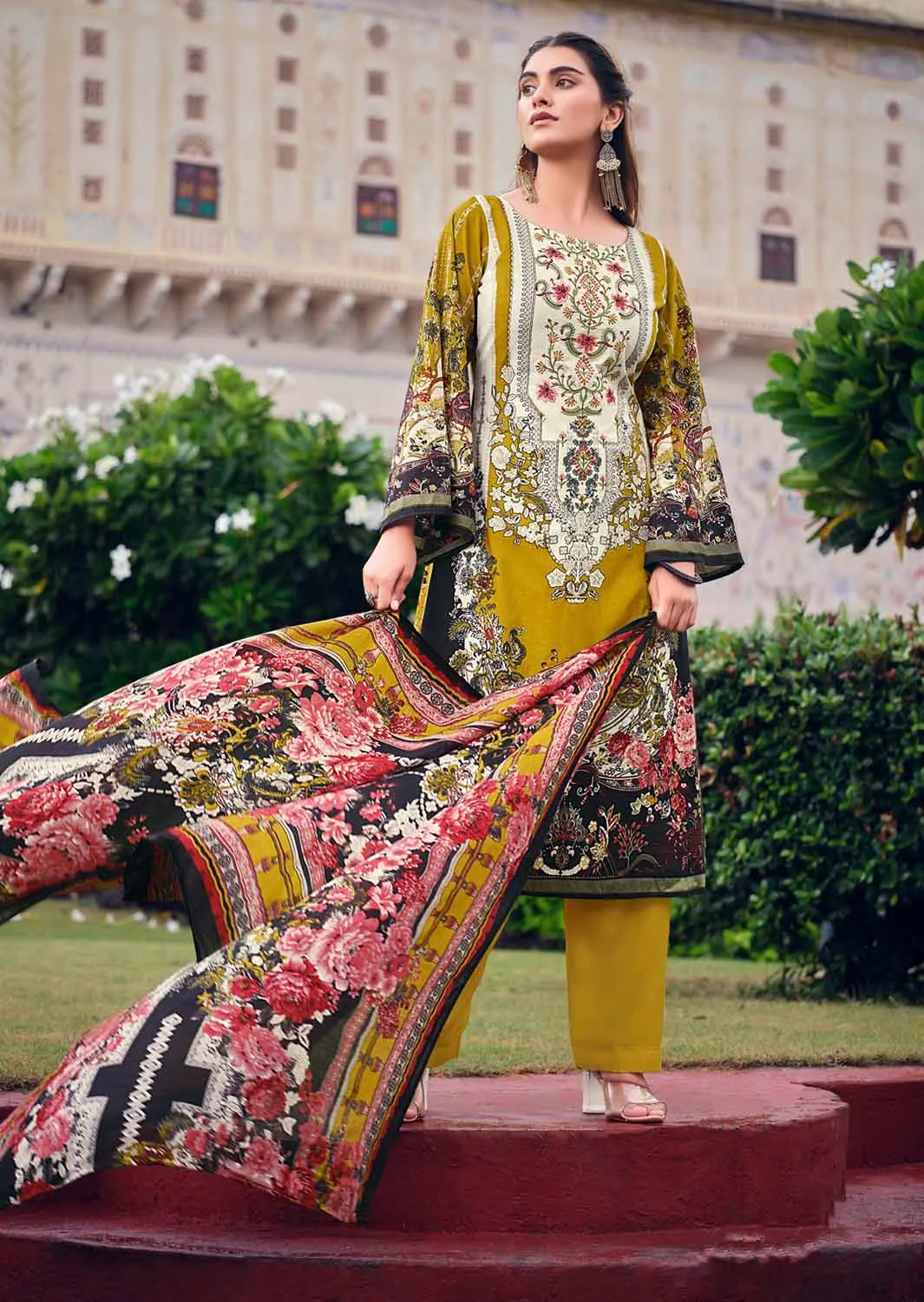 Cotton Pakistani Print Unstitched Embroidered Women Suit Mustard