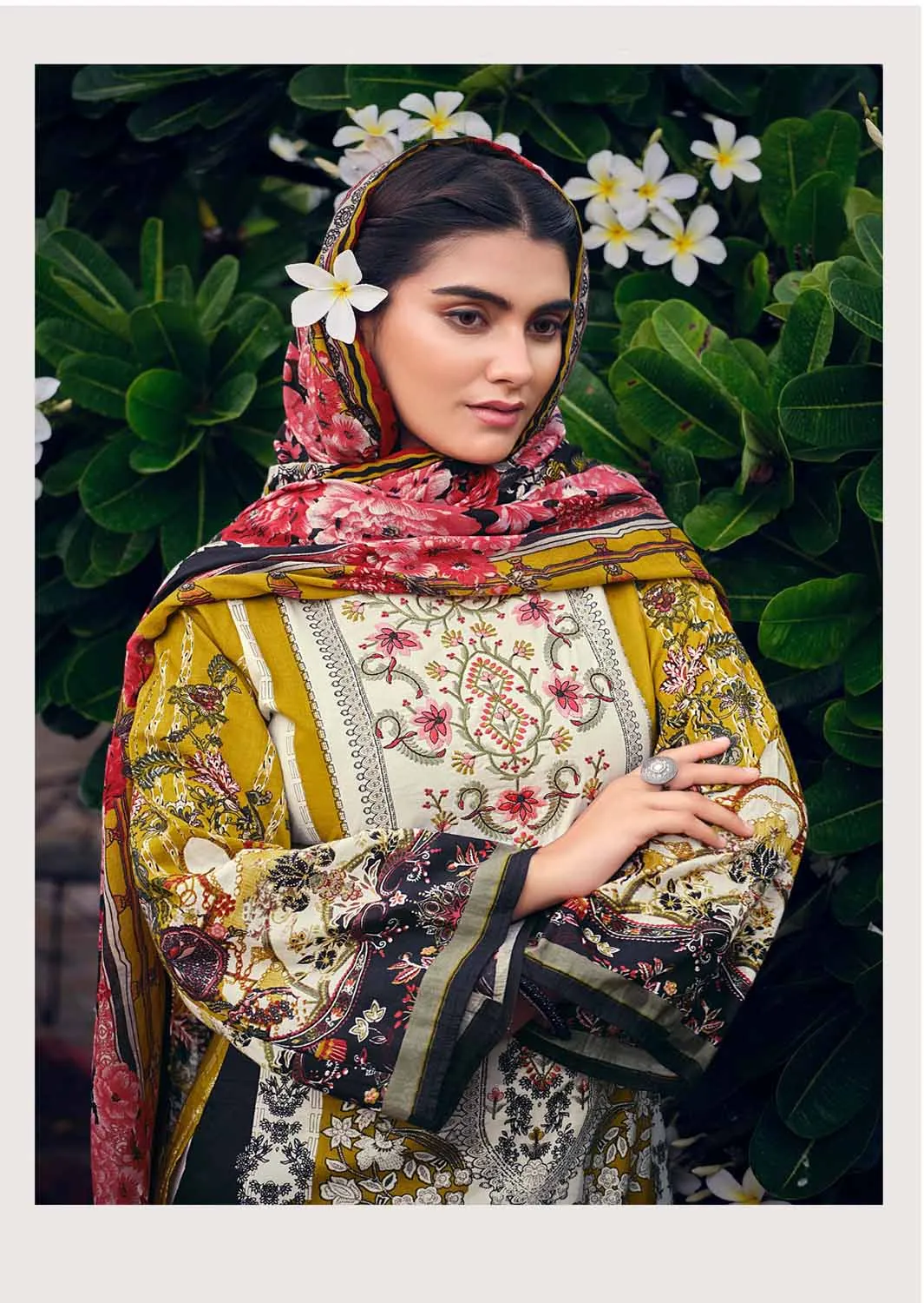 Cotton Pakistani Print Unstitched Embroidered Women Suit Mustard