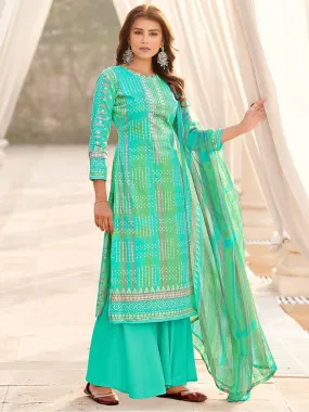 Cotton Printed Green Un-Stitched Suit with chiffon Dupatta