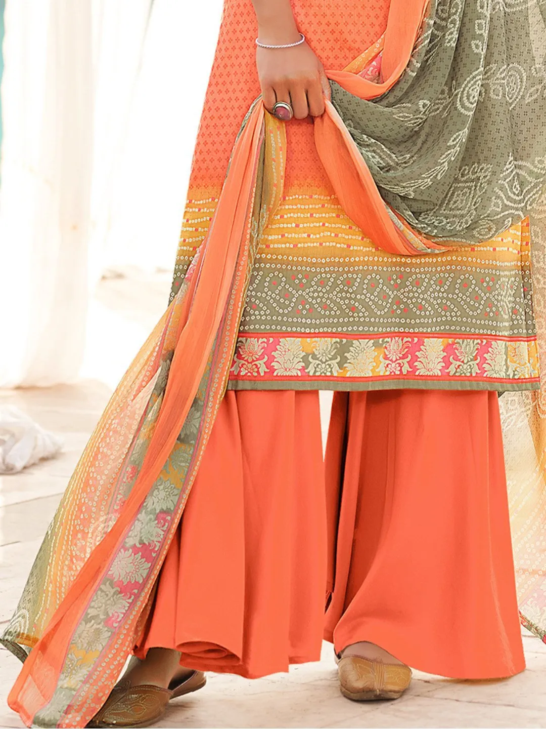 Cotton Printed Orange Un-Stitched Suit with chiffon Dupatta