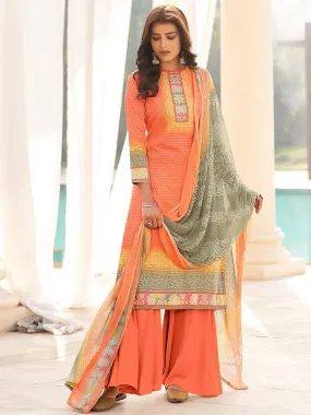 Cotton Printed Orange Un-Stitched Suit with chiffon Dupatta