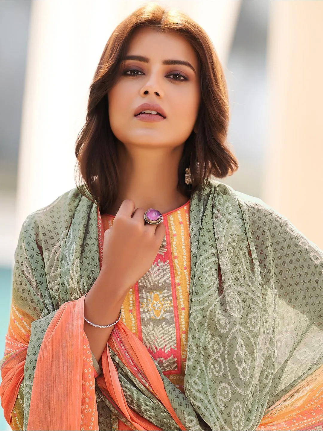 Cotton Printed Orange Un-Stitched Suit with chiffon Dupatta