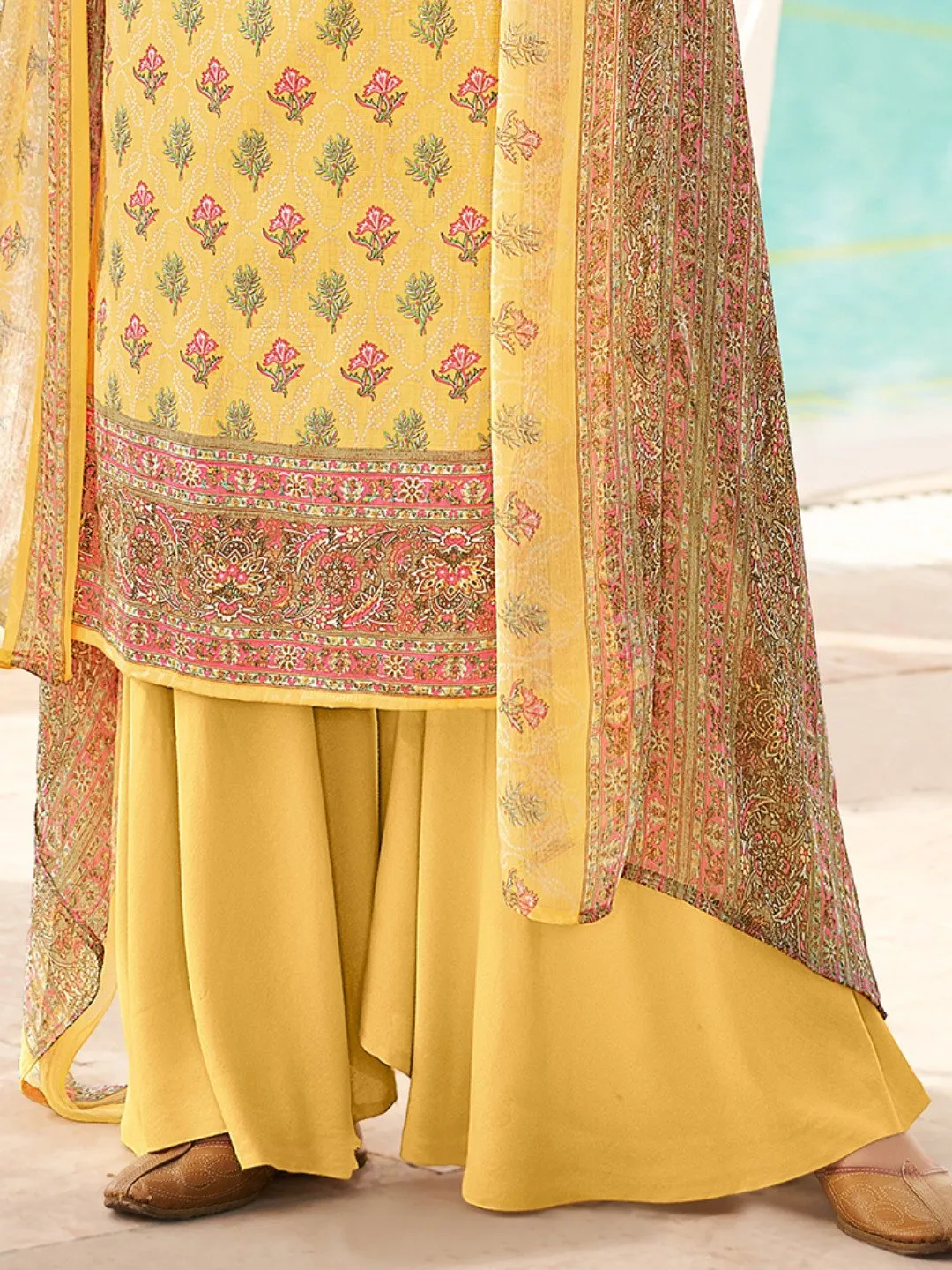 Cotton Printed Yellow Un-Stitched Suit with chiffon Dupatta