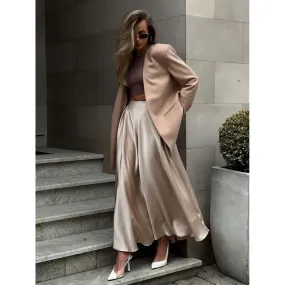 Elegant high-waisted satin long skirt