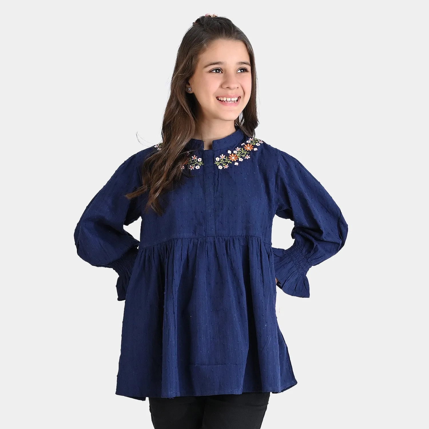 Girls Cotton EMB Top Blue Life-Navy Blue