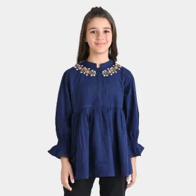 Girls Cotton EMB Top Blue Life-Navy Blue