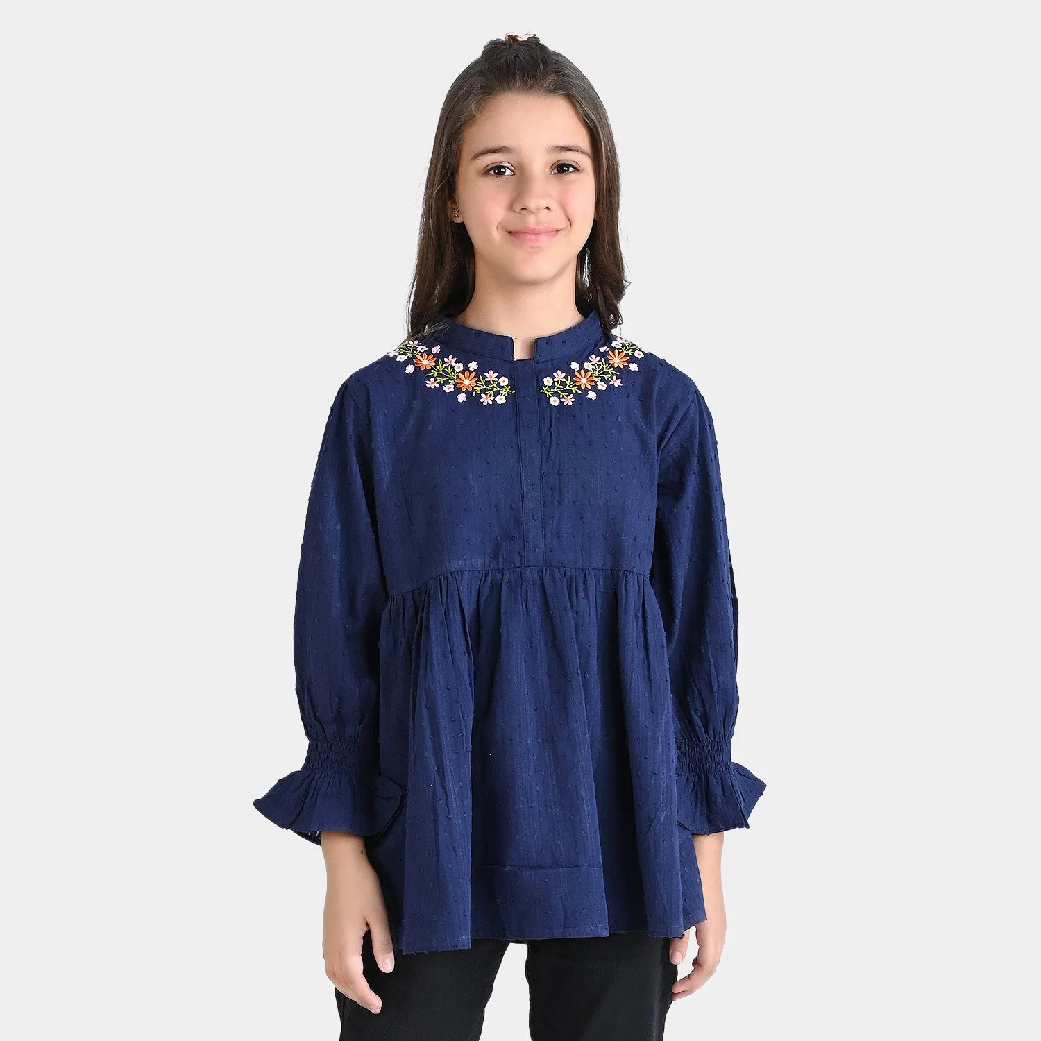 Girls Cotton EMB Top Blue Life-Navy Blue