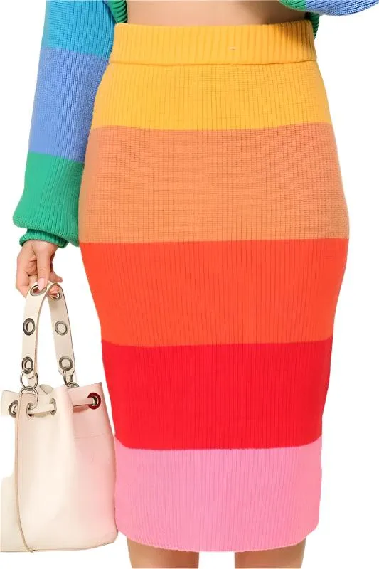 High-Waisted Midi Sweater Multicolor Skirt