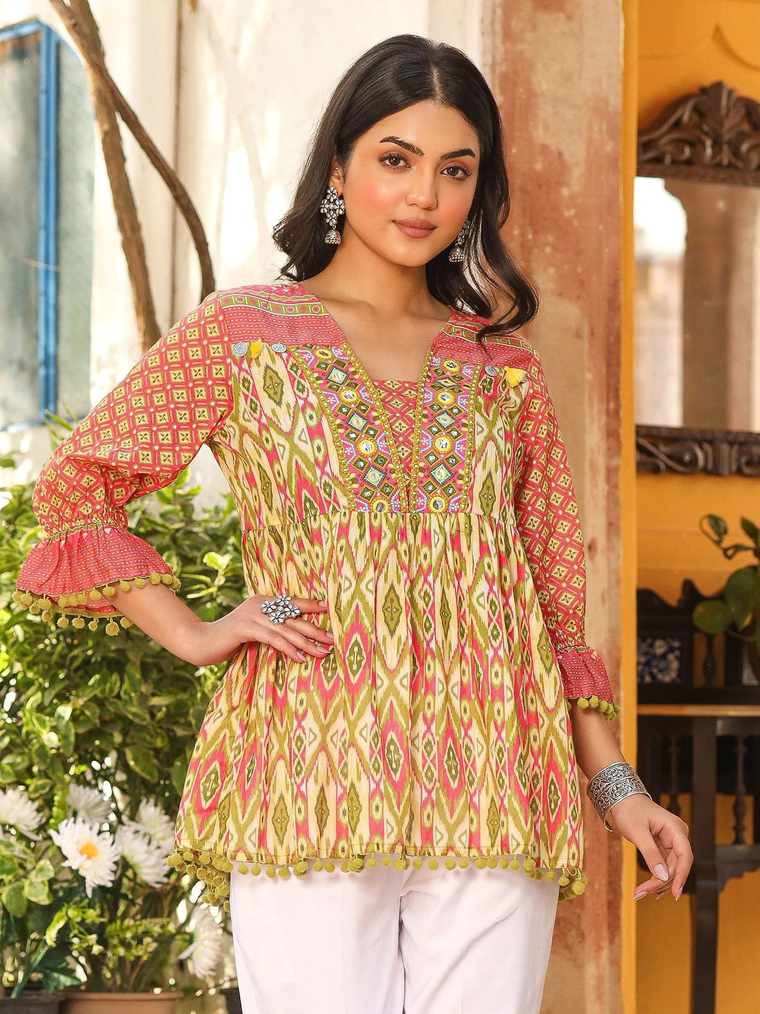 Jashvi Green Embroidered Cotton Voile Peplum Tunic