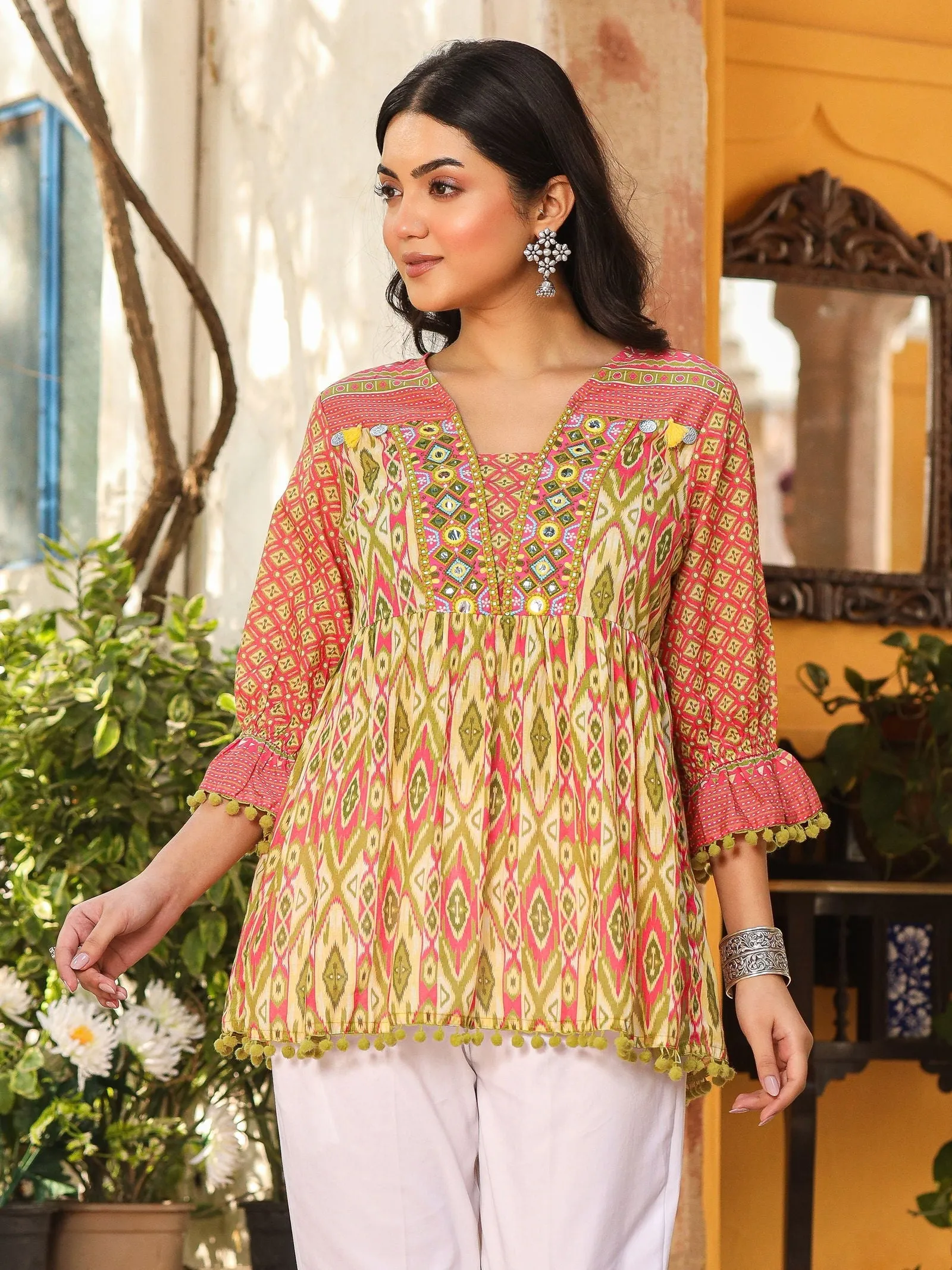 Jashvi Green Embroidered Cotton Voile Peplum Tunic