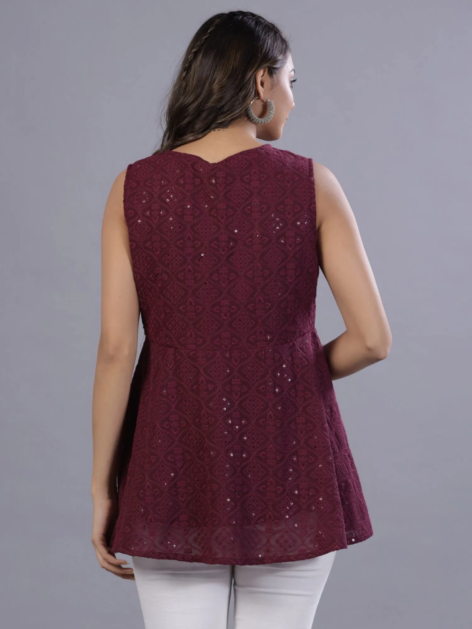 Juniper  Wine Geometric Printed Georgette Embroidered Peplum Tunic With Thread Work