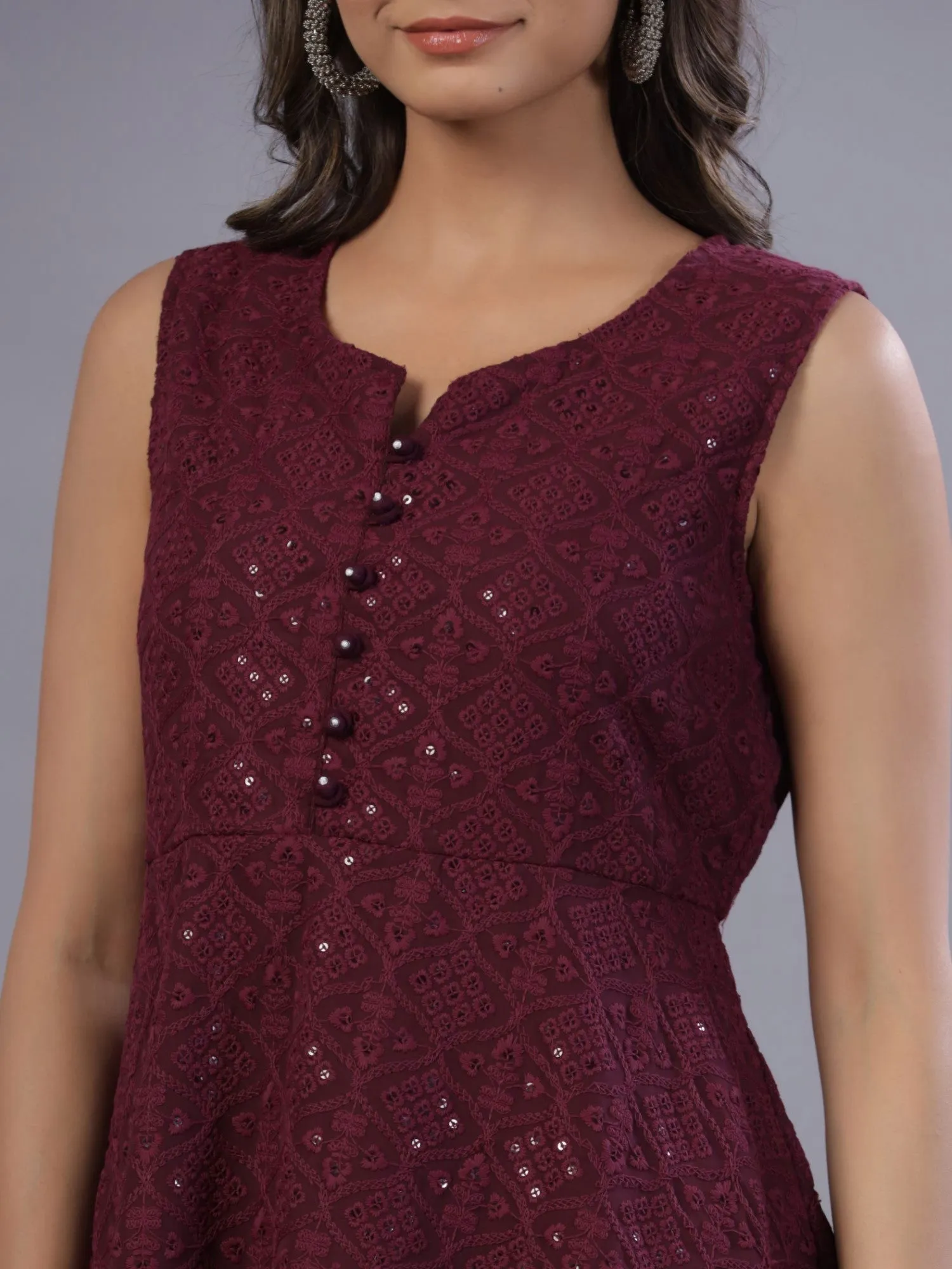 Juniper  Wine Geometric Printed Georgette Embroidered Peplum Tunic With Thread Work