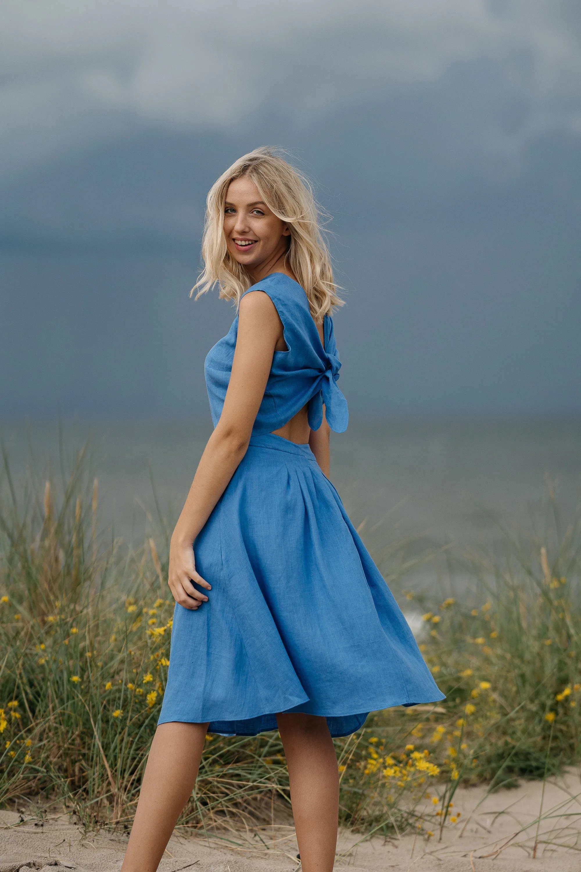 Linen Crop Top With Tie Back ROME In Blue