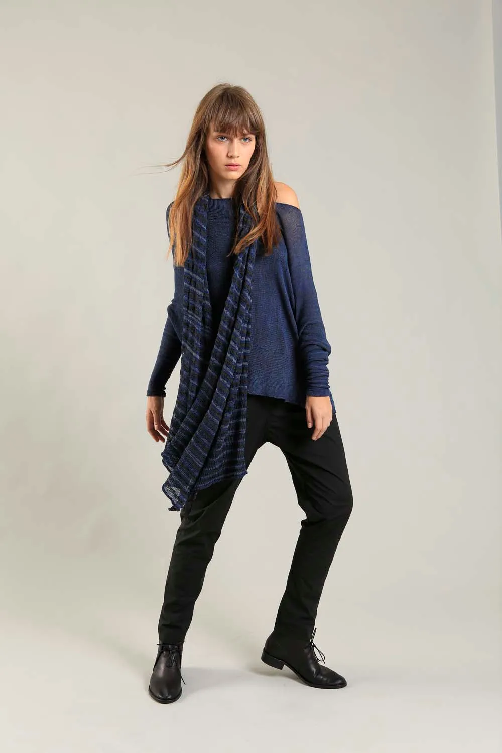 Navy Blue Charcoal boat neck Oversize knitted shirt with Long Sleeves