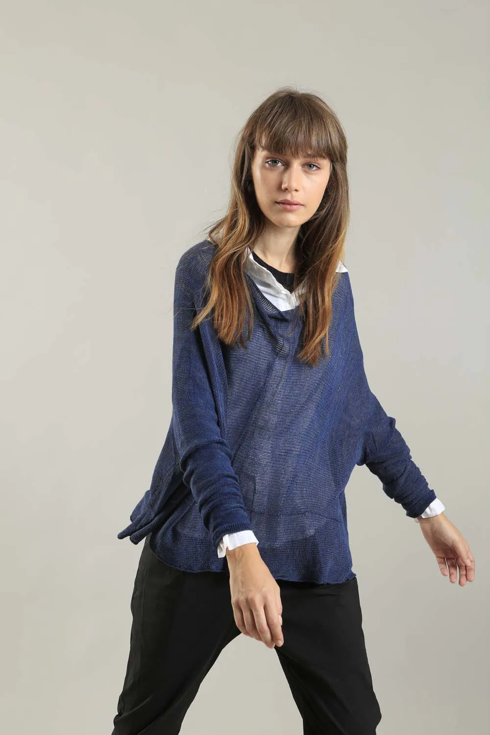 Navy Blue Charcoal boat neck Oversize knitted shirt with Long Sleeves