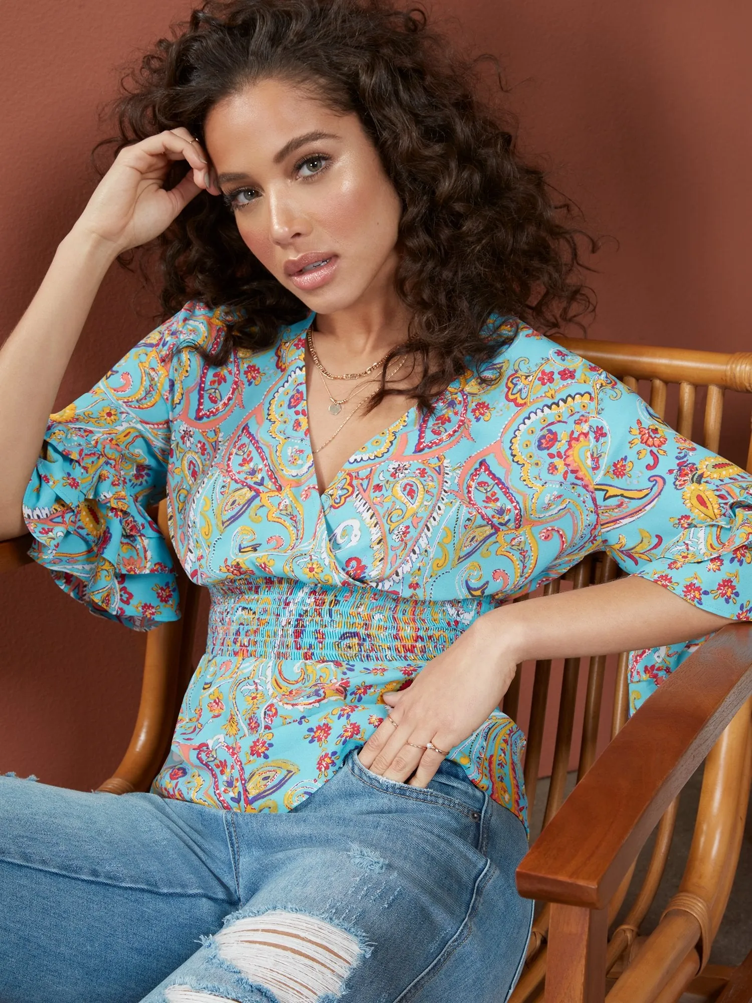 Paisley Ruffle-Sleeve V-Neck Top