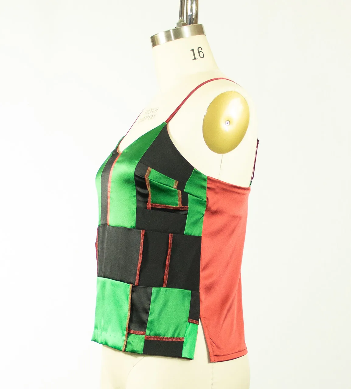 Patchwork Medium Silk Charmeuse Red Black and Green Camisole