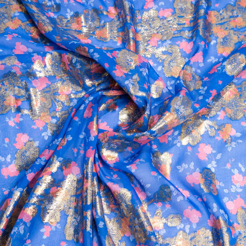 Pink Floral Royal Blue Chiffon & Metallic Flowers