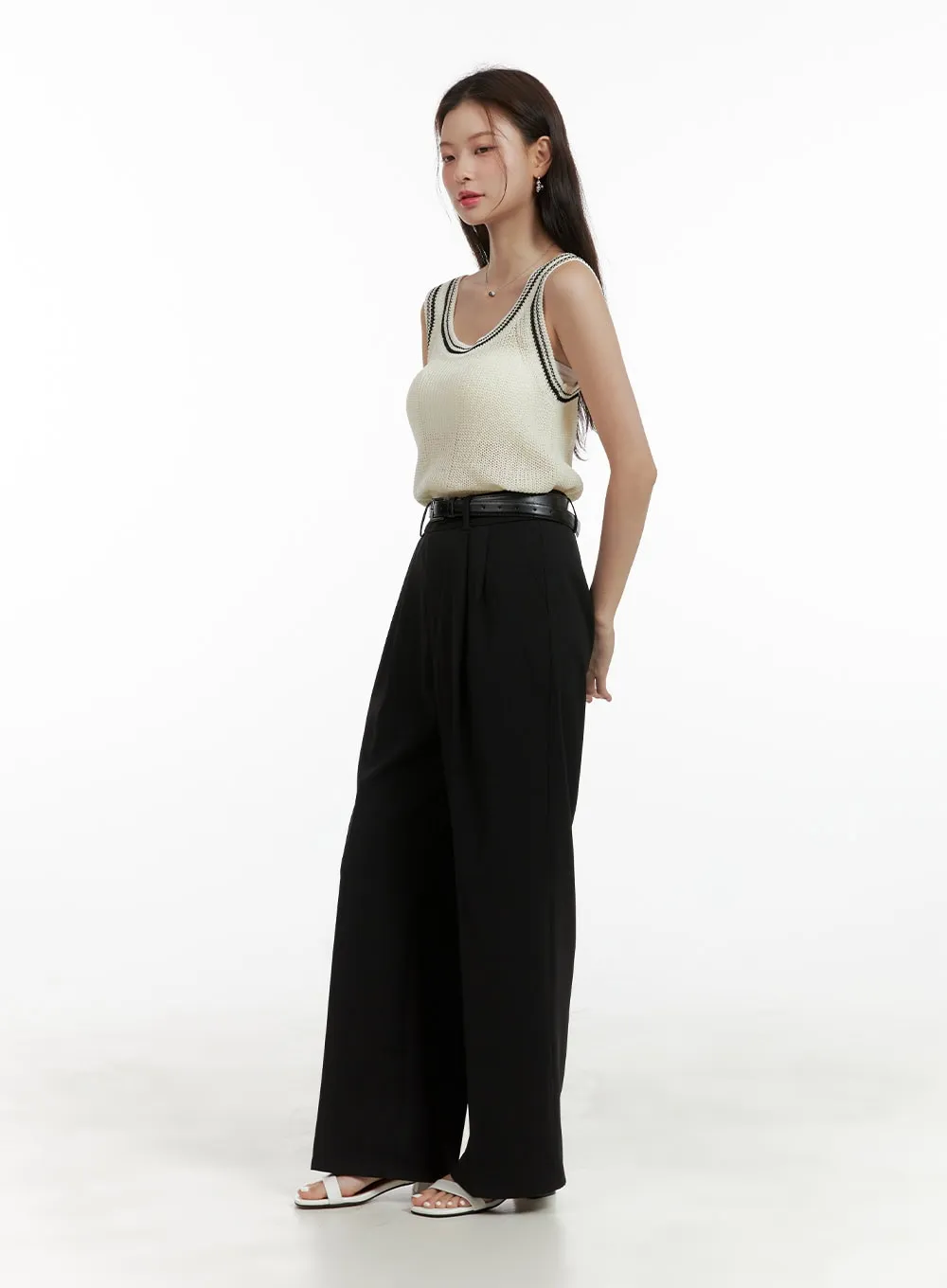 Pintuck Belted Wide Leg Pants OU411