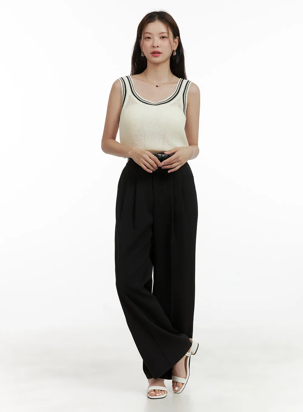 Pintuck Belted Wide Leg Pants OU411