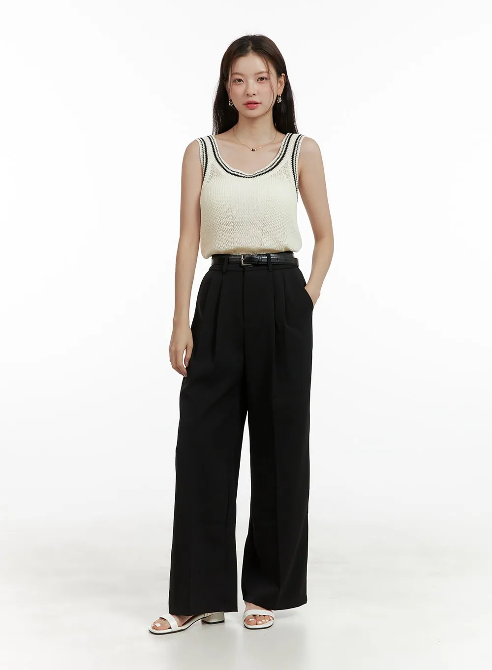 Pintuck Belted Wide Leg Pants OU411