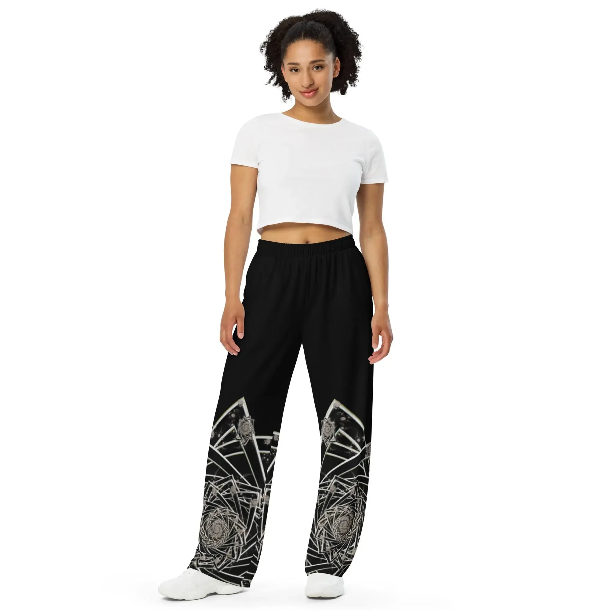 "Black Topological Rose" Collection - All Over Print Unisex Wide Leg Pants