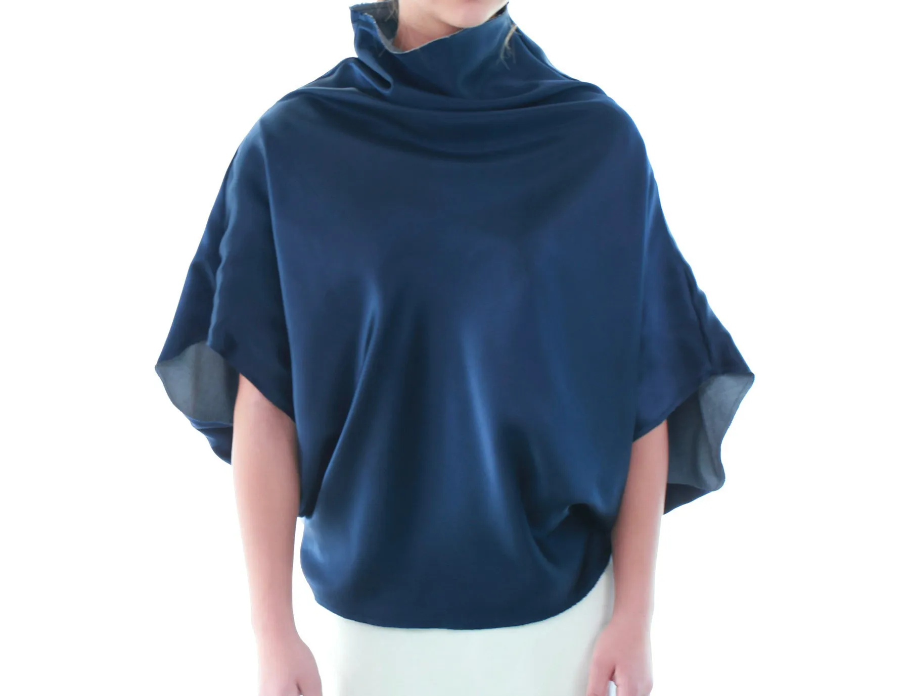 Reversible Mock Neck Silk & Cotton Top in Navy