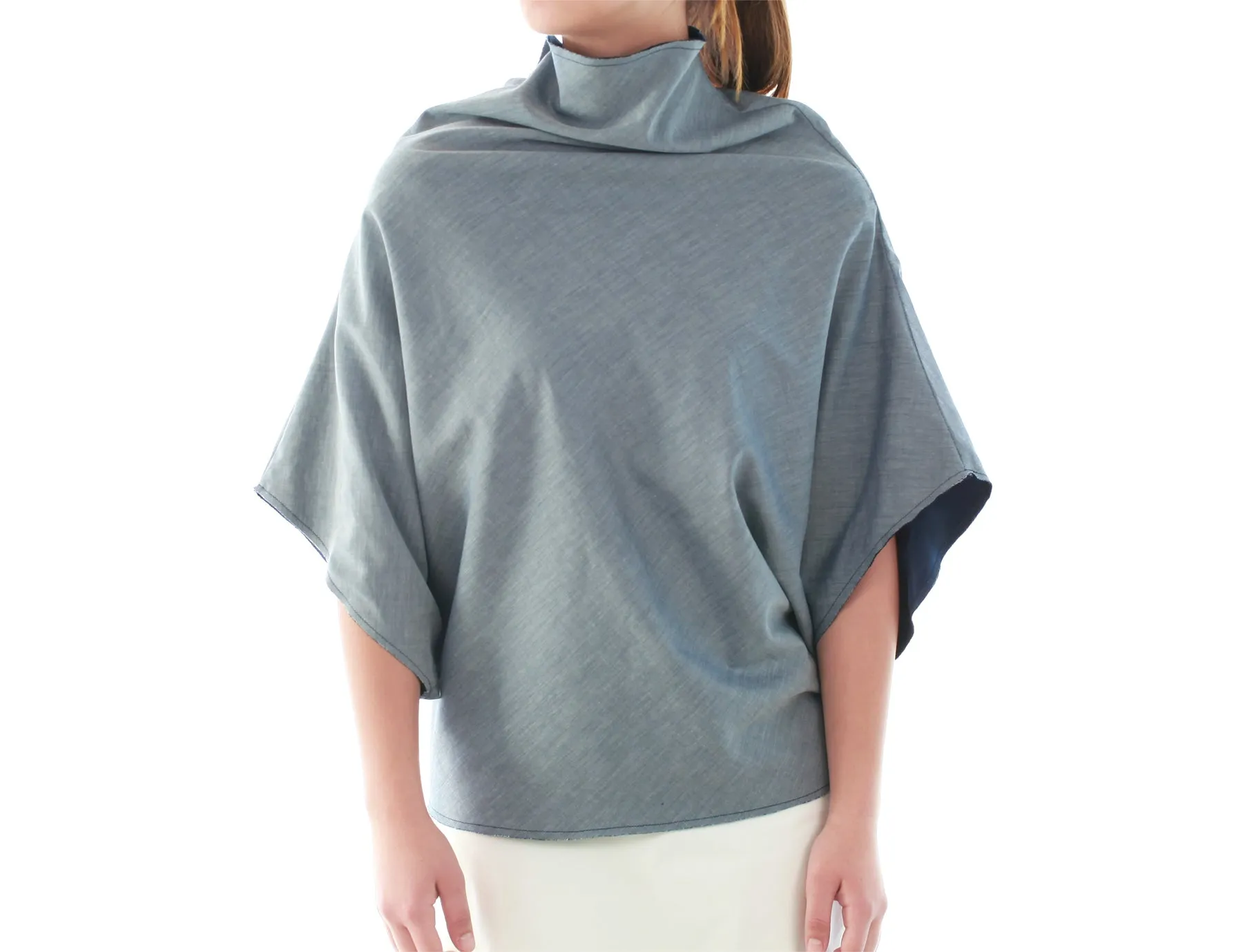 Reversible Mock Neck Silk & Cotton Top in Navy