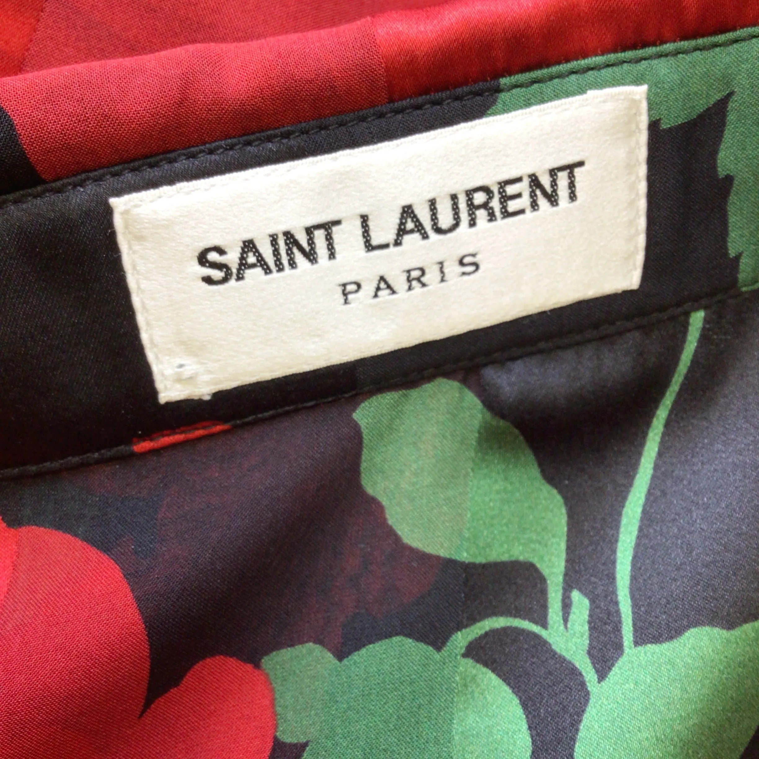 Saint Laurent Black / Red / Green 2022 Floral Rose Print Button-down Silk Shirt