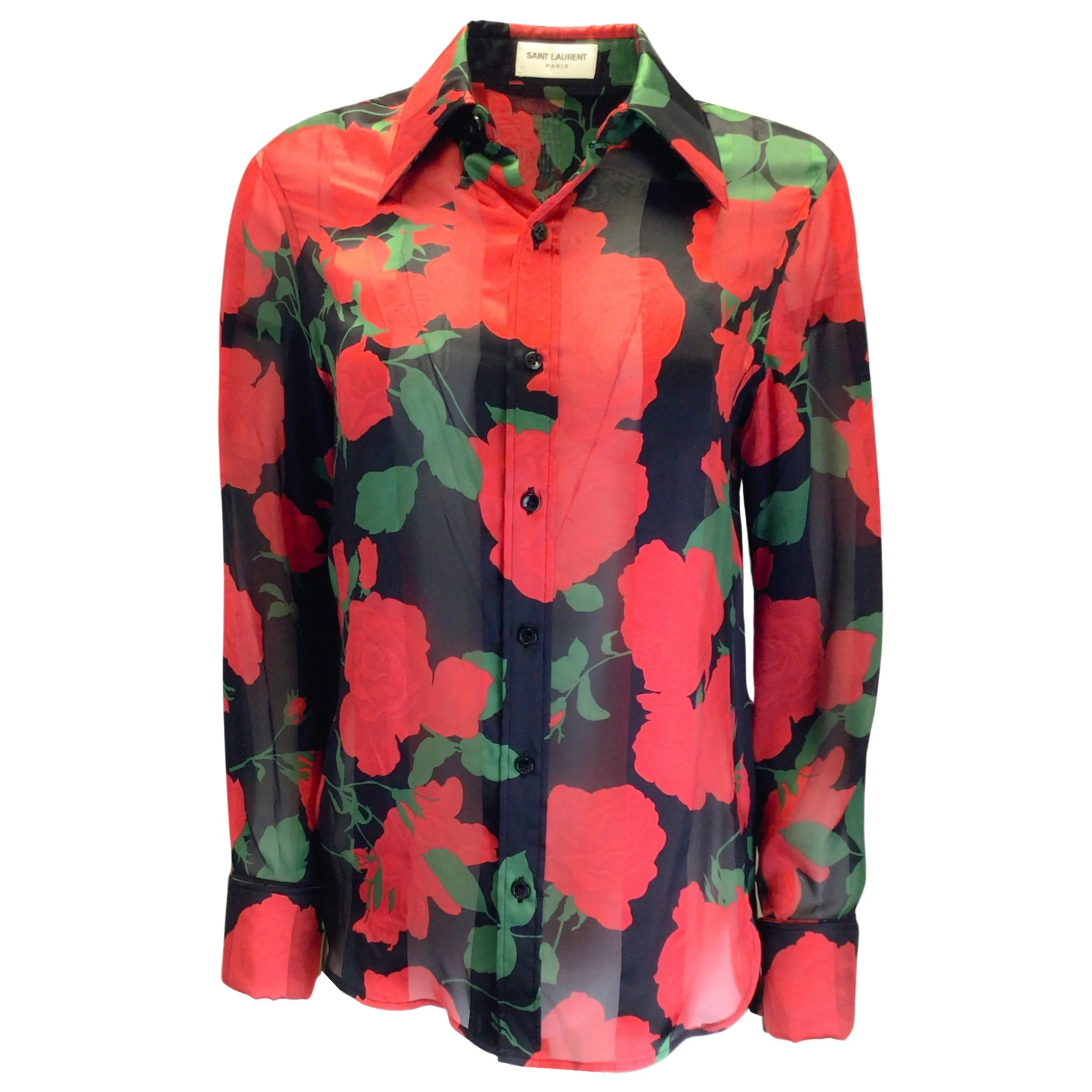 Saint Laurent Black / Red / Green 2022 Floral Rose Print Button-down Silk Shirt