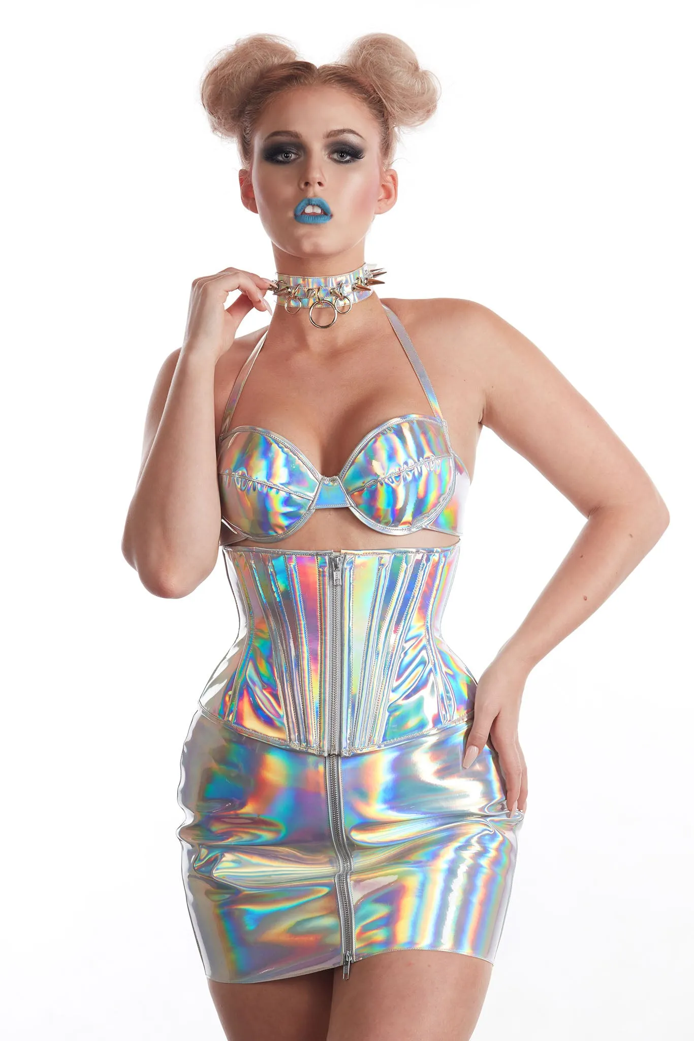 Silver Holographic high waisted Zipper miniskirt