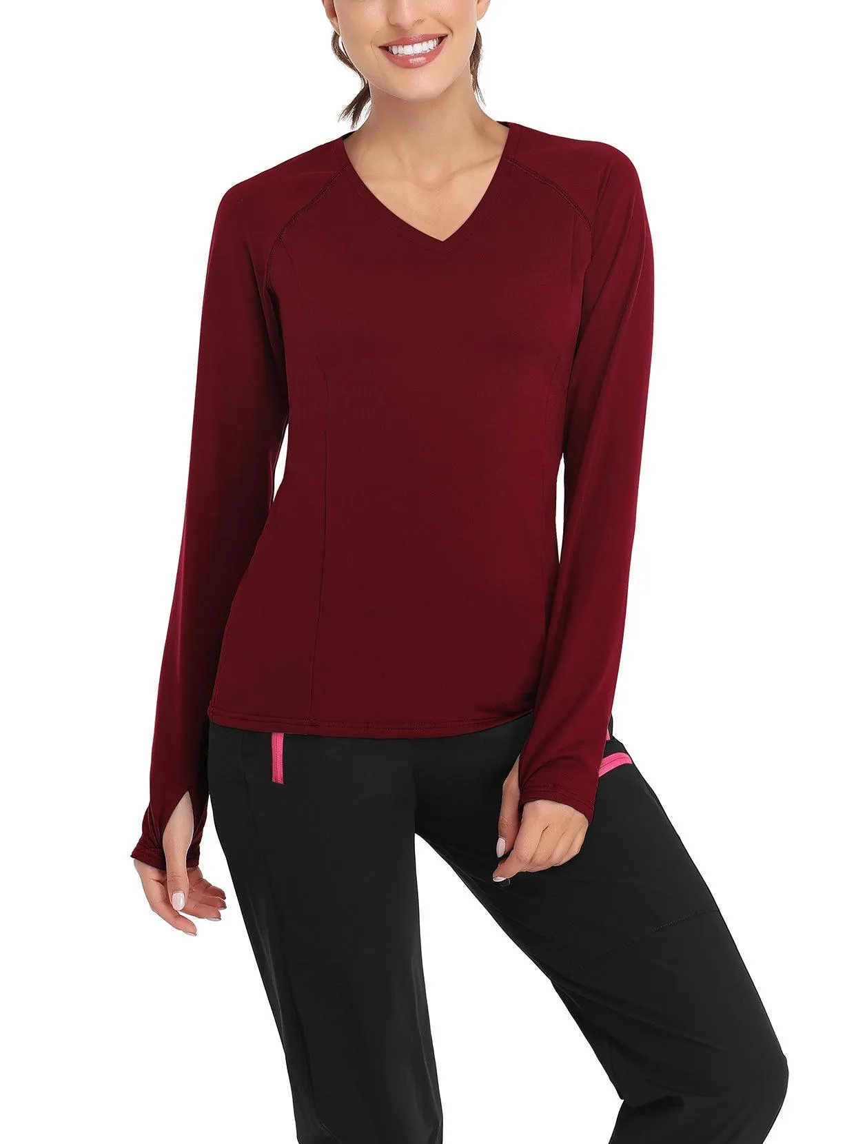 Solid Color V-neck Long-sleeve Thermal Top for Women