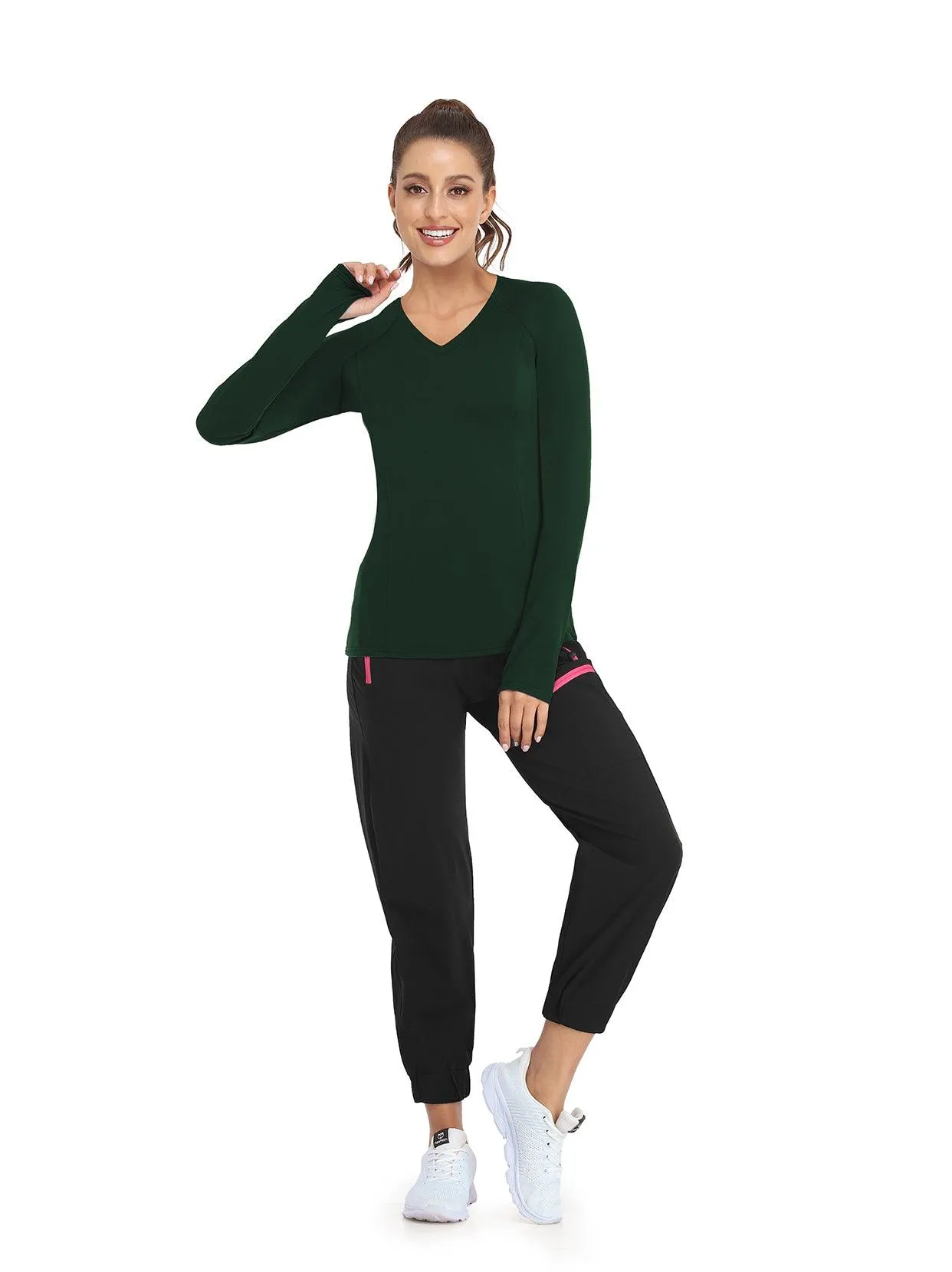 Solid Color V-neck Long-sleeve Thermal Top for Women