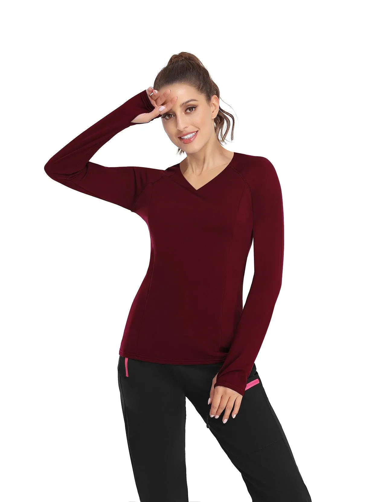 Solid Color V-neck Long-sleeve Thermal Top for Women