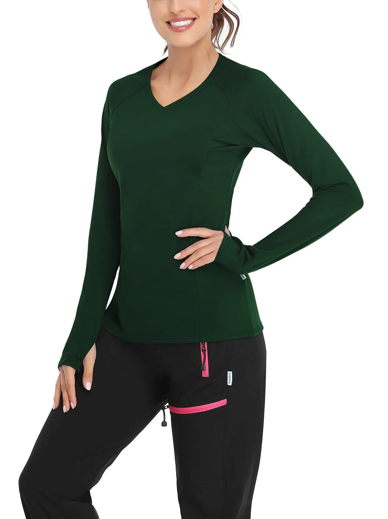 Solid Color V-neck Long-sleeve Thermal Top for Women