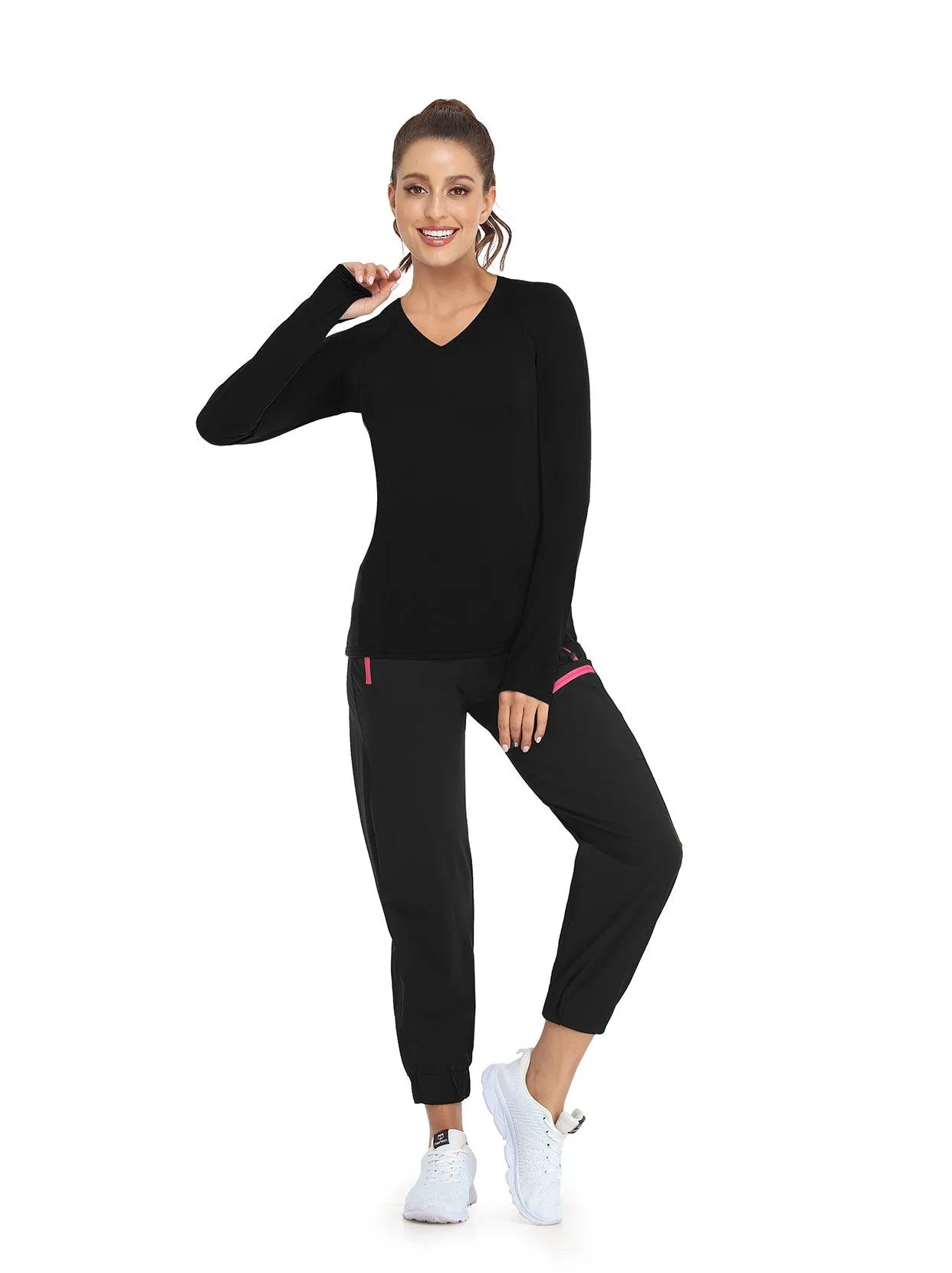 Solid Color V-neck Long-sleeve Thermal Top for Women