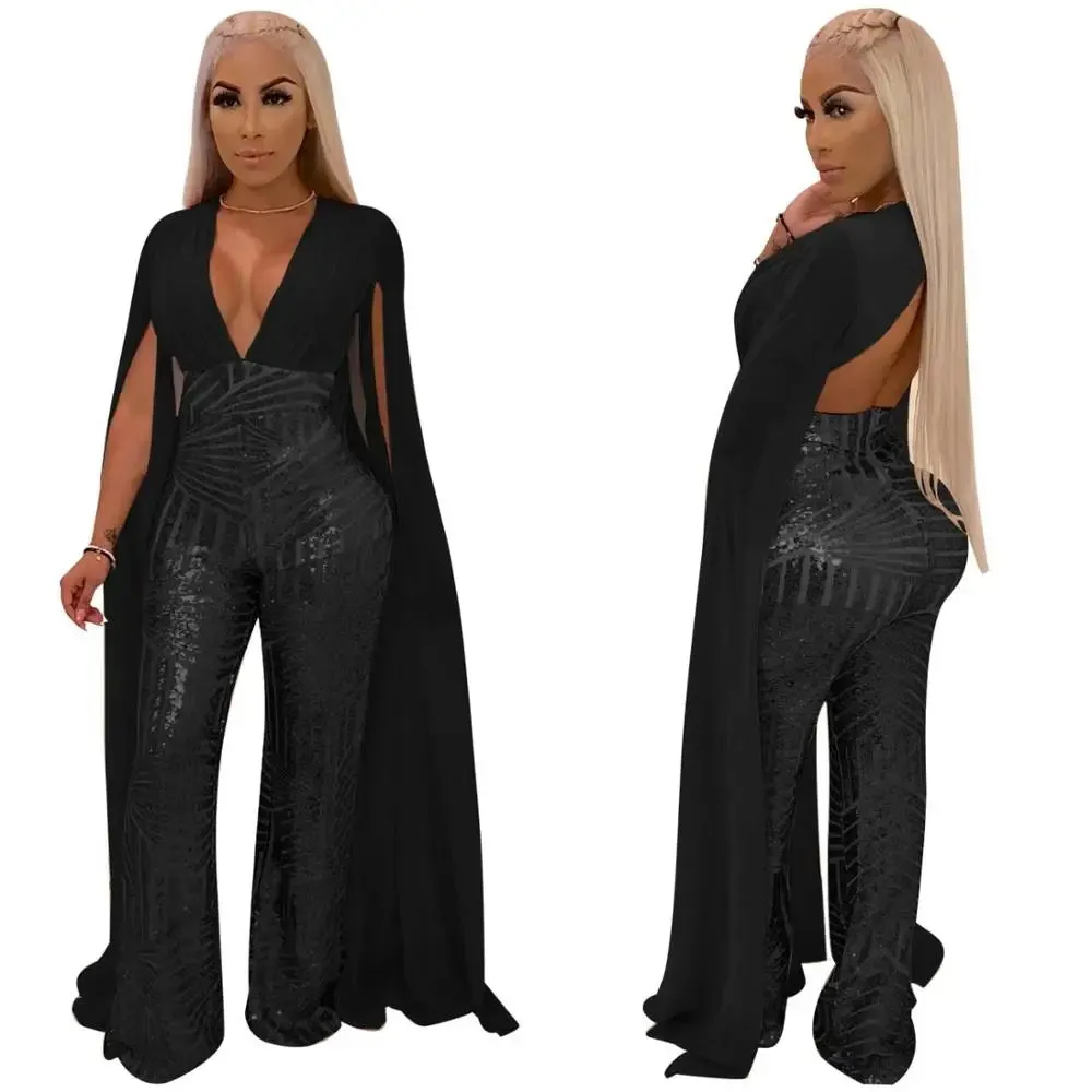 Split Sleeve Hollow Back Plus Size Jumpsuit