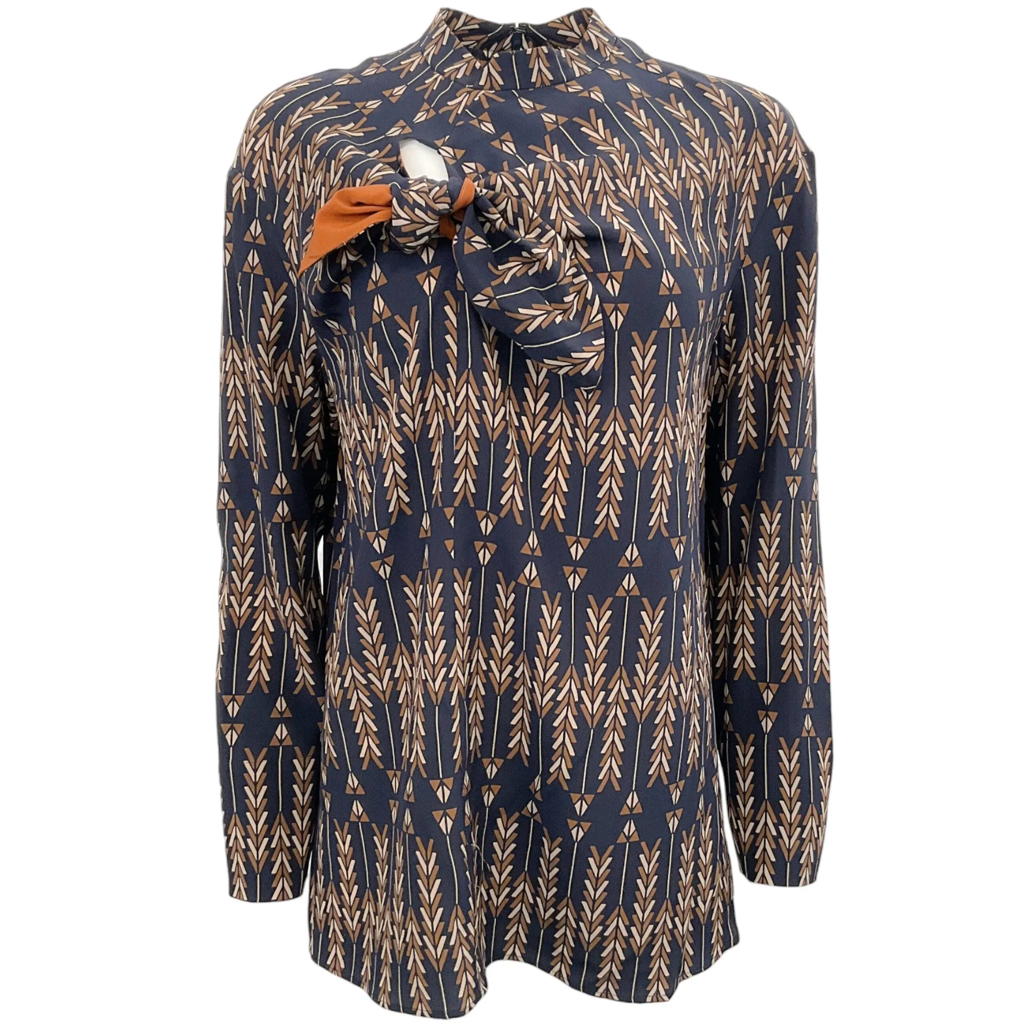 Stella McCartney Navy Blue / Brown Silk Keyhole Blouse