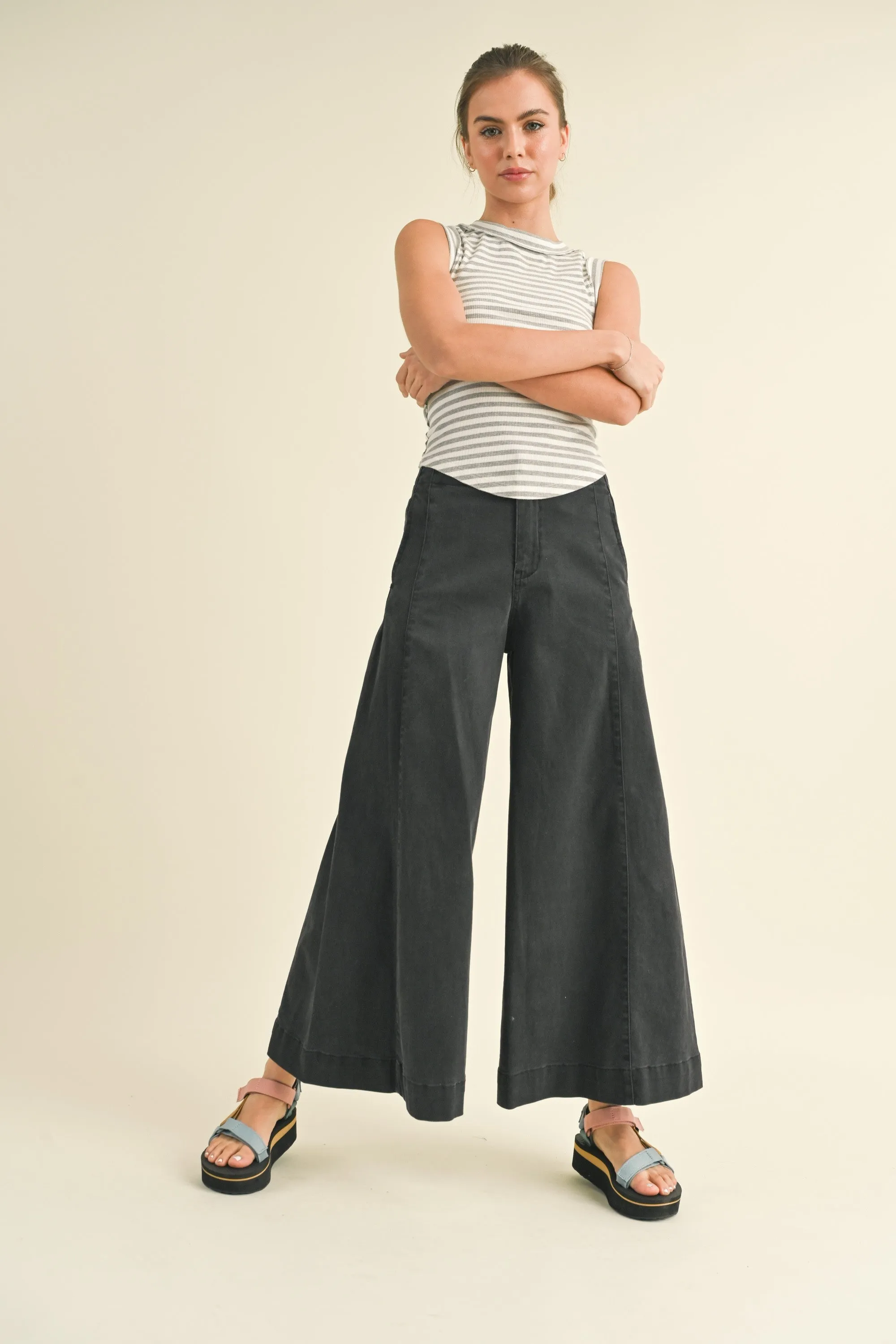 STRETCHED COTTON WIDE LEG PANTS