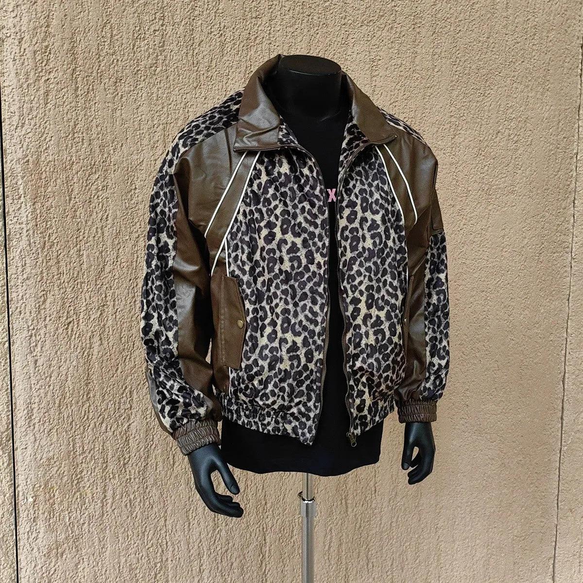 Unisex high-grade leopard print pu jacket loose short coat