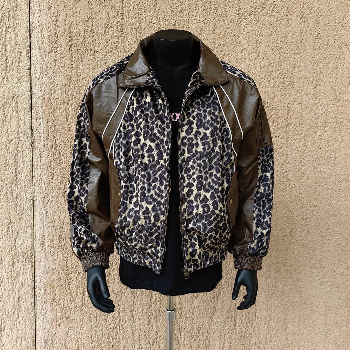 Unisex high-grade leopard print pu jacket loose short coat