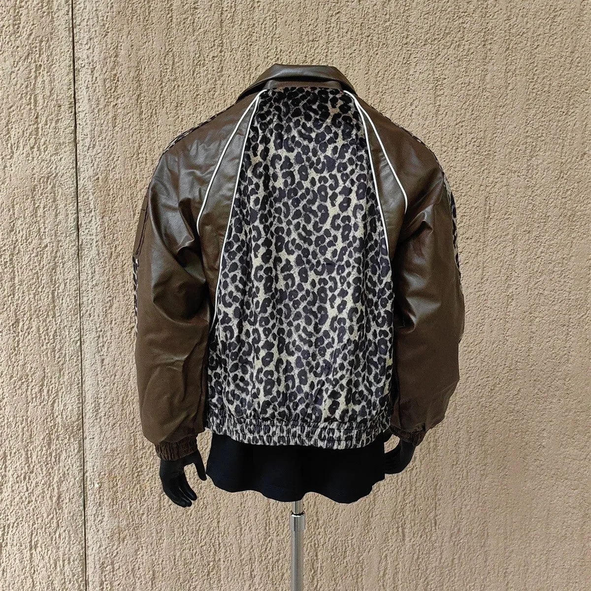 Unisex high-grade leopard print pu jacket loose short coat