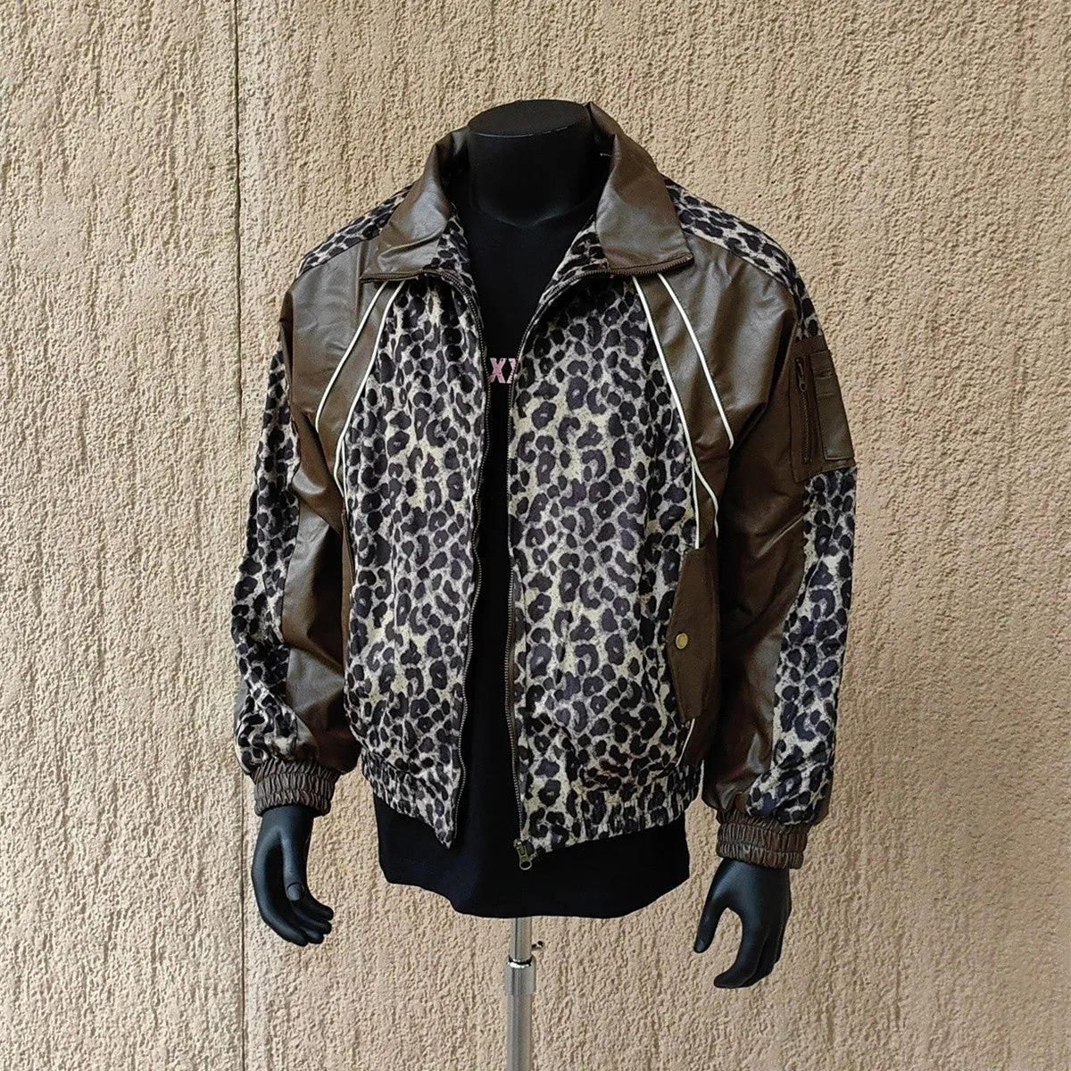 Unisex high-grade leopard print pu jacket loose short coat