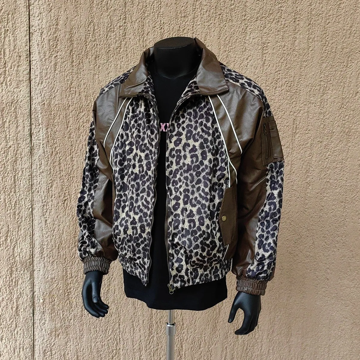 Unisex high-grade leopard print pu jacket loose short coat