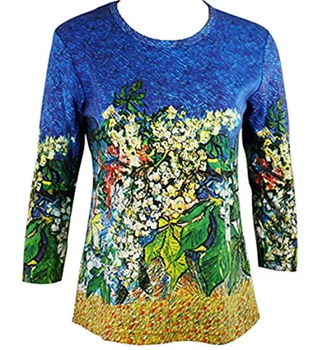 Van Gogh Chestnut Branch, Scoop Neck 3/4 Sleeve Hand Silk Screened Artistic Top