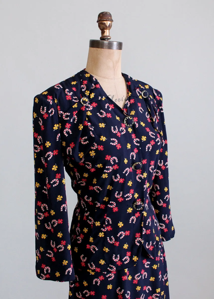 Vintage 1940s Lucky Girl Novelty Print Rayon Dress Suit