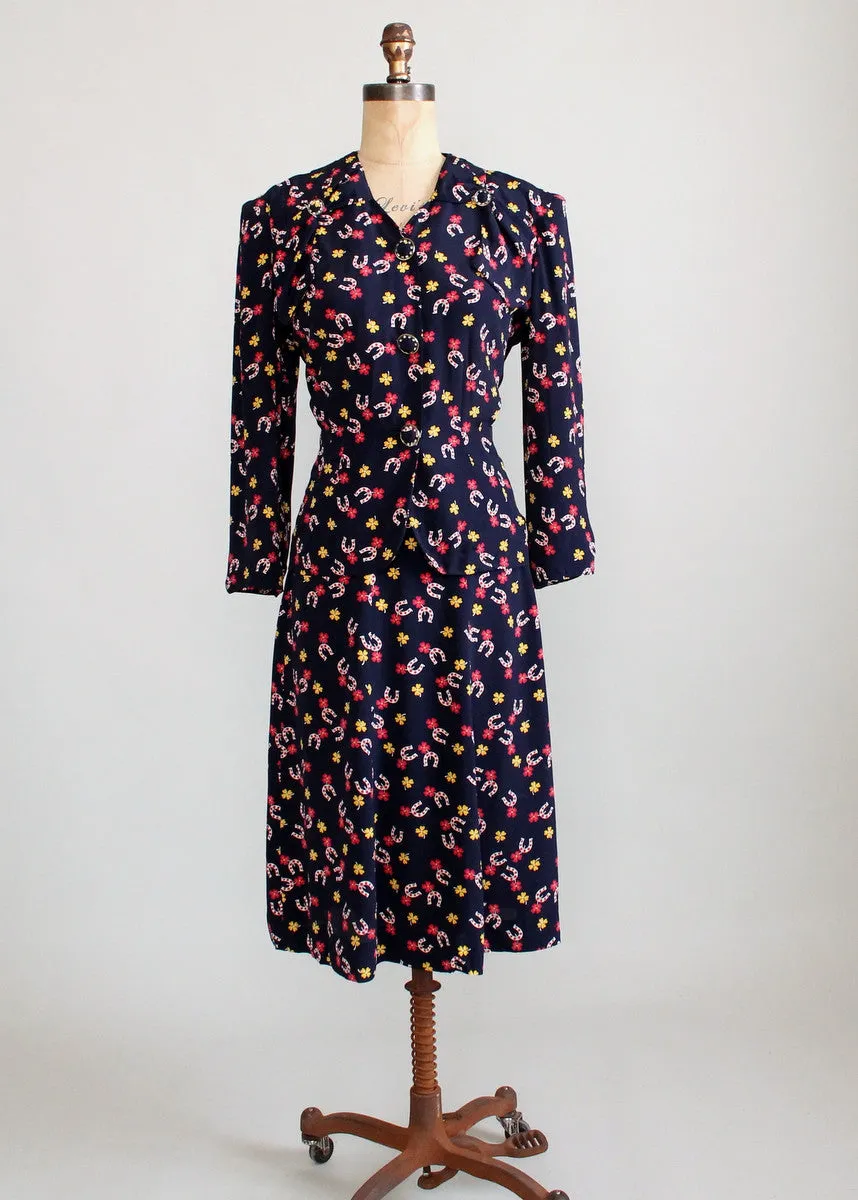 Vintage 1940s Lucky Girl Novelty Print Rayon Dress Suit