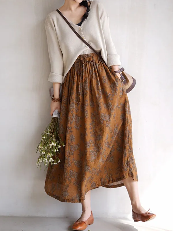 Vintage Loose Floral Printed A-Line Skirts Bottom